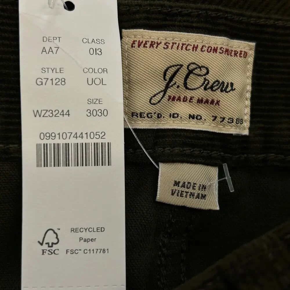 J.Crew 484 Slim-fit corduroy pants Dark olive brown  Size men’s 30 x 30 NWT